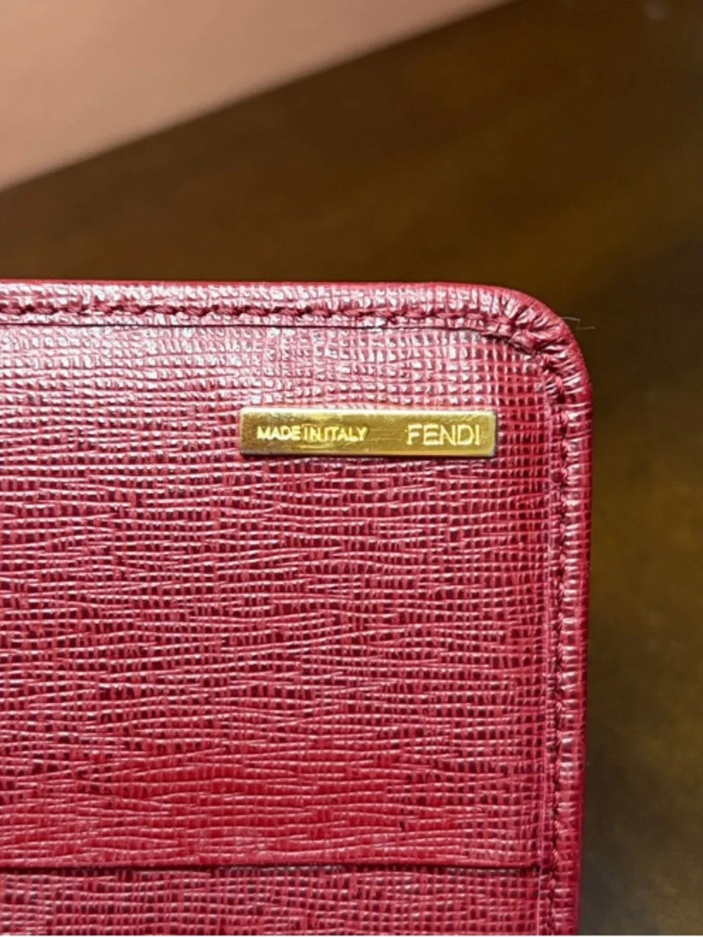 Fendi Burgundy Textured Leather Continental Wallet with Gold Plate with COA